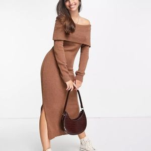 ASOS MOCHA OFF SHOULDER MIDI DRESS